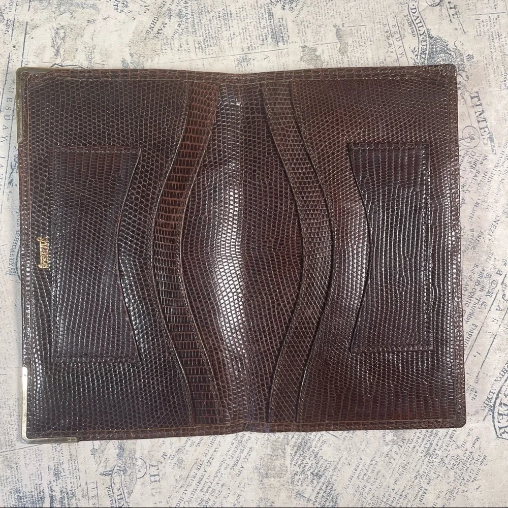 Vintage Smythson of Bond Street Lizard Skin Passport Wallet 9K Gold Corners Eng.